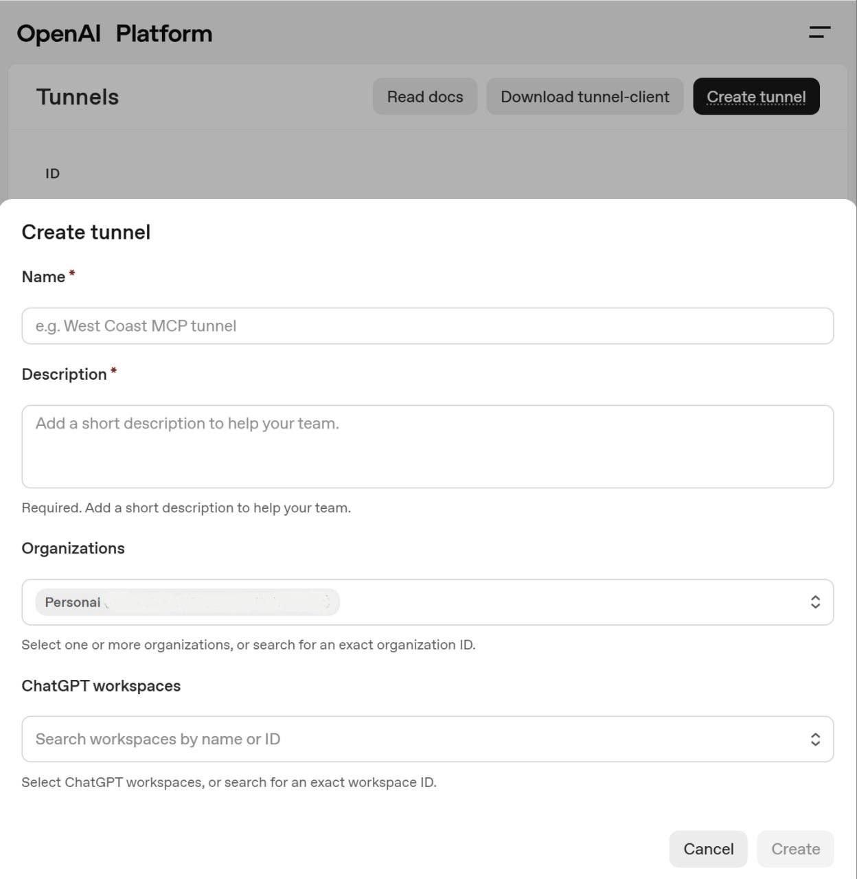 OpenAI Platform Create tunnel dialog